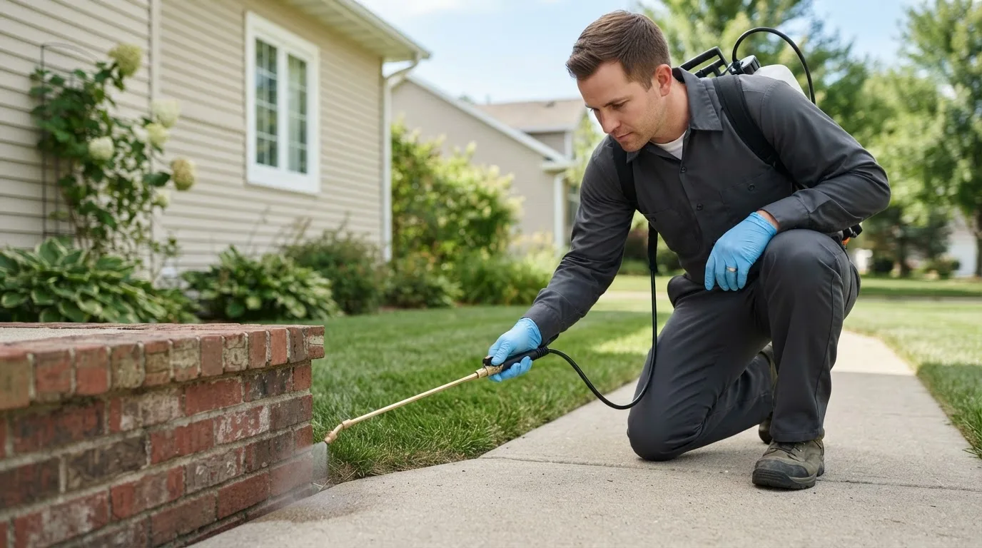 Pest control technician treating a home near Staten Island, NY